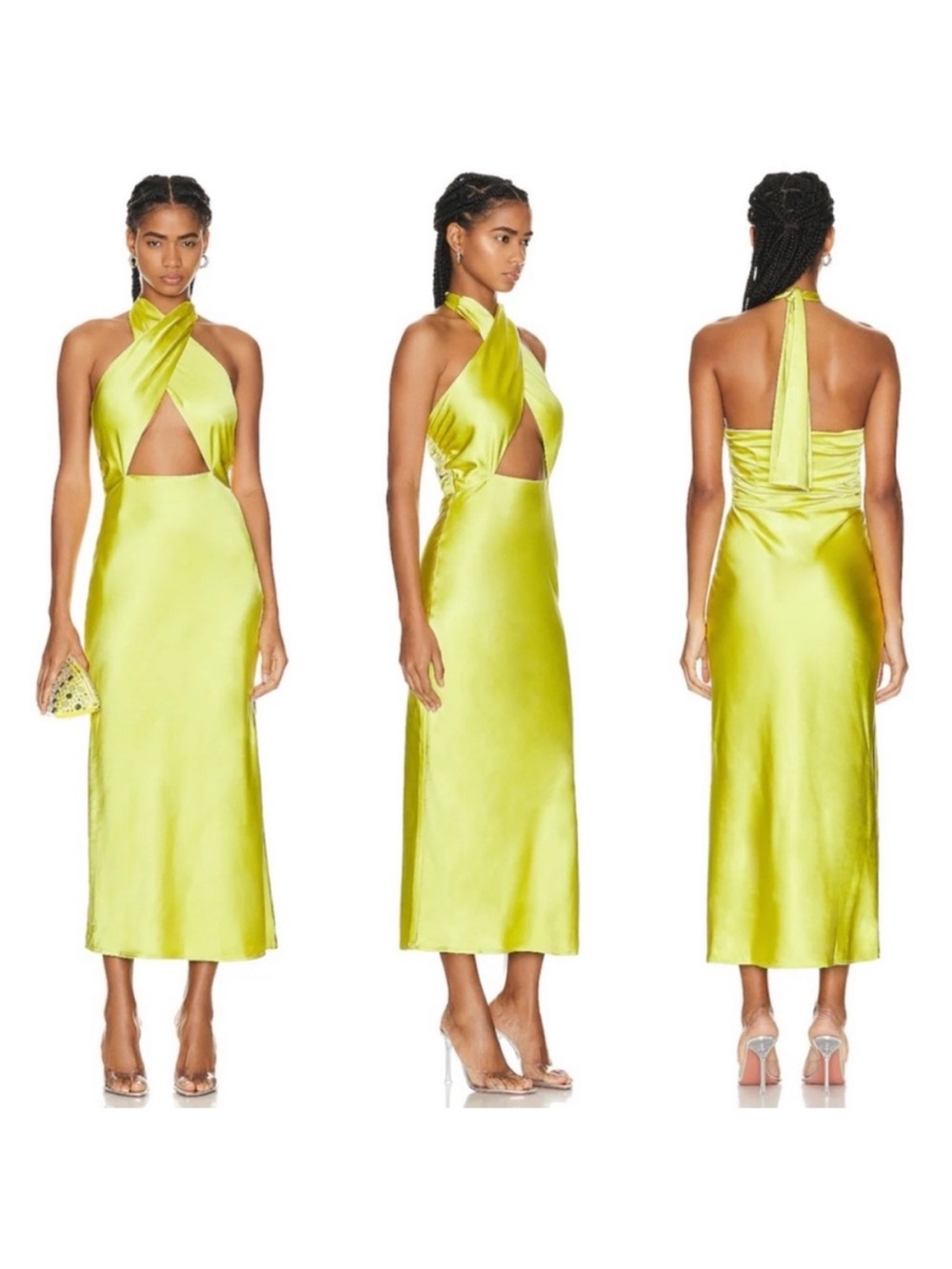 Simon Miller One-Shoulder Satin Midi Dress in Lime